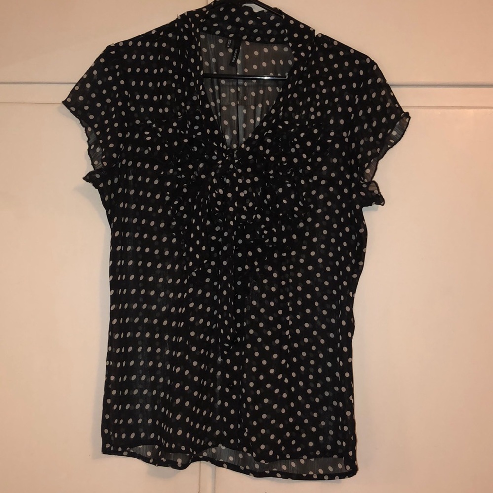 Polka dot tie neck, ruffled blouse